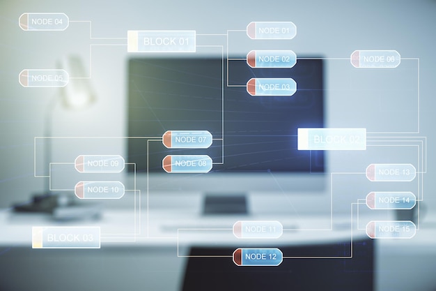 Mehrfachbelichtung abstrakter grafischer Kodierungsskizze auf modernem Computerhintergrund Big Data und Netzwerkkonzept
