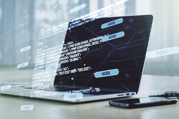 Mehrfachbelichtung abstrakter grafischer Kodierungsskizze auf modernem Computerhintergrund Big Data und Netzwerkkonzept