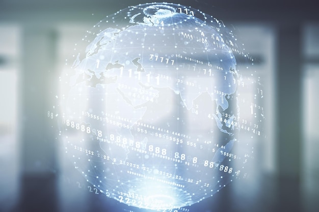Mehrfachbelichtung abstrakter grafischer Kodierungsskizze und Weltkarte auf modernem Innenhintergrund Big Data und Netzwerkkonzept