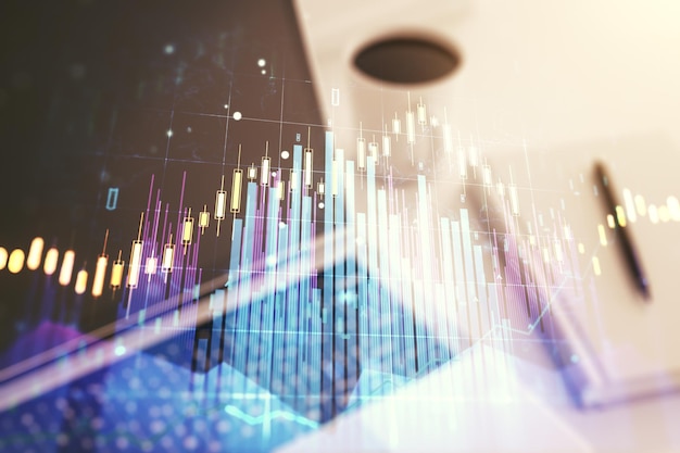 Mehrfachbelichtung abstrakter kreativer Finanzdiagramme auf modernem Computerhintergrund Forex und Anlagekonzept