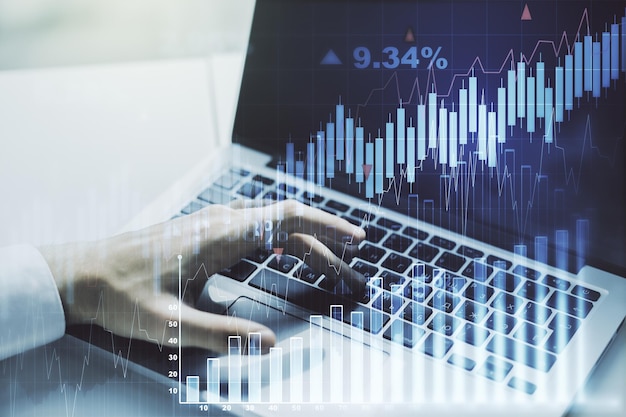 Mehrfachbelichtung abstrakter kreativer Finanzdiagramme mit Handeingabe auf Laptop auf Hintergrund-Devisen- und Anlagekonzept