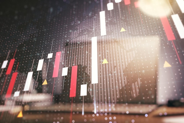 Mehrfachbelichtung abstrakter kreativer Finanzdiagramme mit Weltkarte auf modernem Laptop-Hintergrund Forex und Anlagekonzept