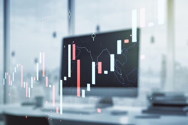 Mehrfachbelichtung abstrakter kreativer Finanzdiagramme zum Computerhintergrundforschungs- und Analysekonzept