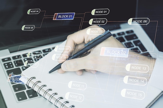 Mehrfachbelichtung abstrakter kreativer Kodierungsskizze und Handschrift in Notizbuch auf Hintergrund mit Laptop-Konzept für künstliche Intelligenz und neuronale Netze