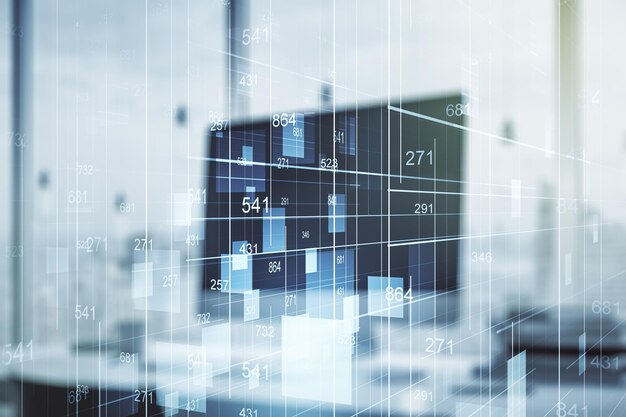 Foto mehrfachbelichtung der abstrakten statistikdaten-hologrammschnittstelle auf dem computerhintergrund-computing- und analysekonzept