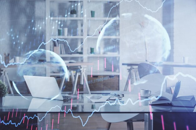 Mehrfachbelichtung der Börsendiagrammzeichnung und des Hintergrunds der Büroeinrichtung Konzept der Finanzanalyse