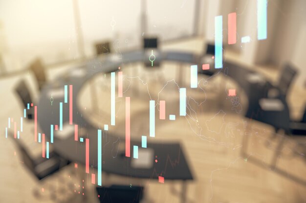 Mehrfachbelichtung der virtuellen abstrakten Finanzdiagrammschnittstelle auf einem modernen Finanz- und Handelskonzept im Hintergrund eines Coworking-Raums