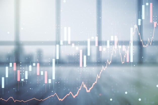 Mehrfachbelichtung der virtuellen abstrakten Finanzdiagrammschnittstelle auf modernem Finanz- und Handelskonzept im Innenhintergrund