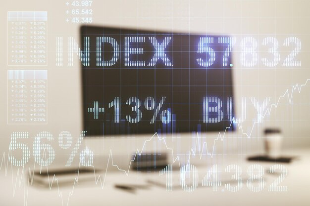 Mehrfachbelichtung des abstrakten Finanzdiagramms auf Computerhintergrund Bank- und Buchhaltungskonzept