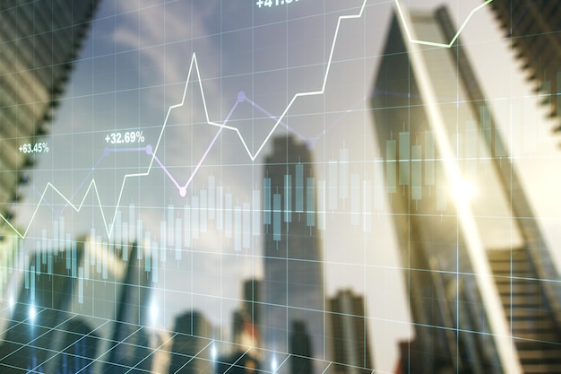 Mehrfachbelichtung des abstrakten Finanzdiagramms auf dem Hintergrund des Bank- und Buchhaltungskonzepts von Bürogebäuden