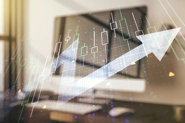 Mehrfachbelichtung des abstrakten Finanzdiagramms mit Aufwärtspfeil auf Computerhintergrund Aufstiegs- und Durchbruchskonzept