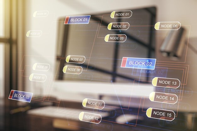 Mehrfachbelichtung des abstrakten Softwareentwicklungs-Hologramms auf dem Laptop-Hintergrundforschungs- und Analysekonzept