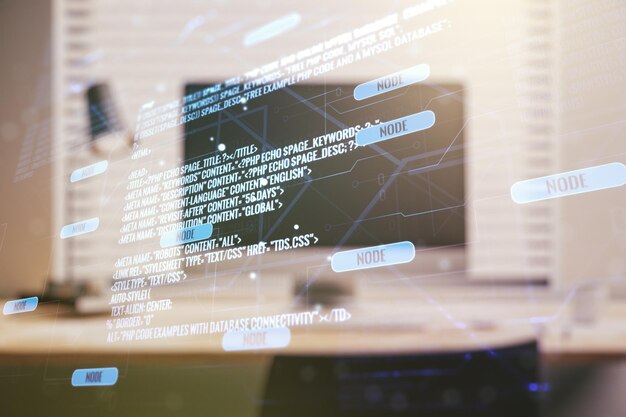 Mehrfachbelichtung des abstrakten Softwareentwicklungs-Hologramms auf dem Laptop-Hintergrundforschungs- und Analysekonzept