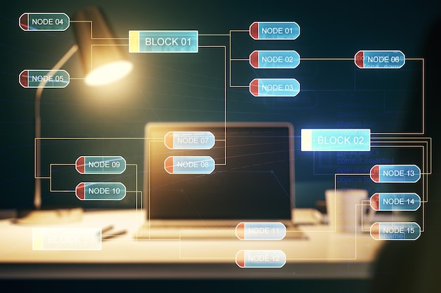 Mehrfachbelichtung des abstrakten Softwareentwicklungs-Hologramms auf dem Laptop-Hintergrundforschungs- und Analysekonzept