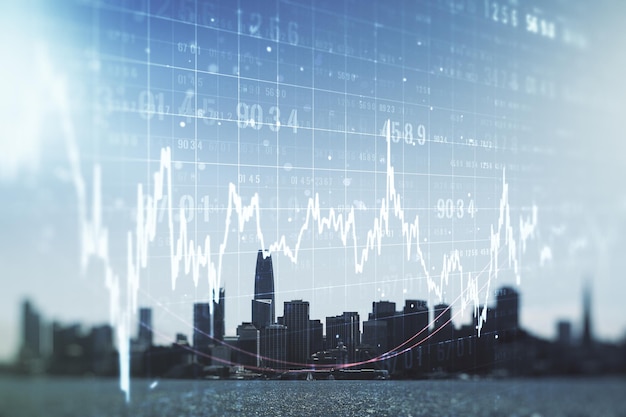 Mehrfachbelichtung des abstrakten virtuellen Finanzdiagramm-Hologramms auf dem Hintergrund der Skyline von San Francisco Forex und Anlagekonzept