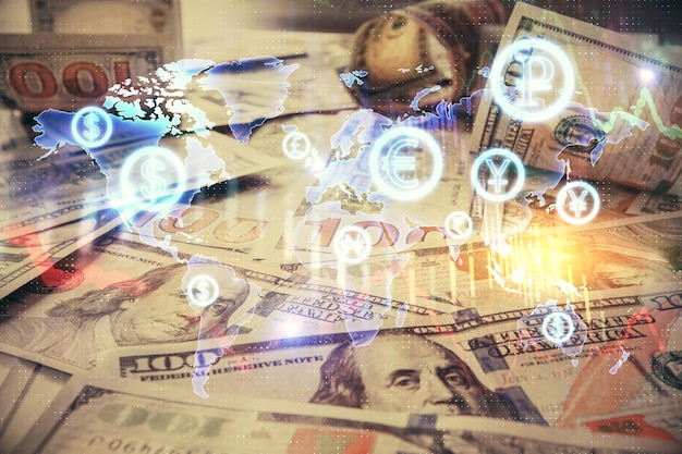 Mehrfachbelichtung des Devisendiagramms, das über dem Hintergrund von US-Dollar-Scheinen gezeichnet wird. Konzept der finanziellen Erfolgsmärkte