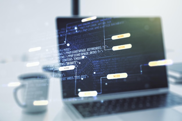 Mehrfachbelichtung des Hologramms der abstrakten Programmiersprache auf dem Konzept der künstlichen Intelligenz und der neuronalen Netze des Computerhintergrunds