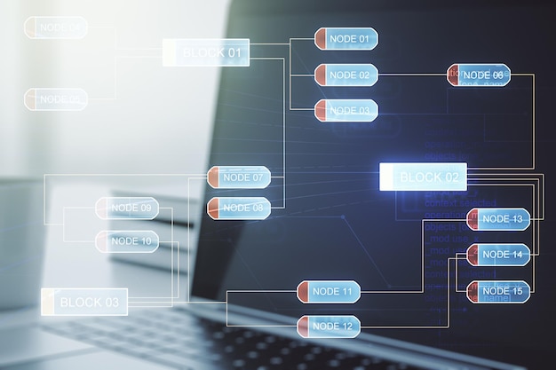 Mehrfachbelichtung einer abstrakten kreativen Codierungsskizze auf modernem Laptop-Hintergrund, Konzept der künstlichen Intelligenz und neuronalen Netze