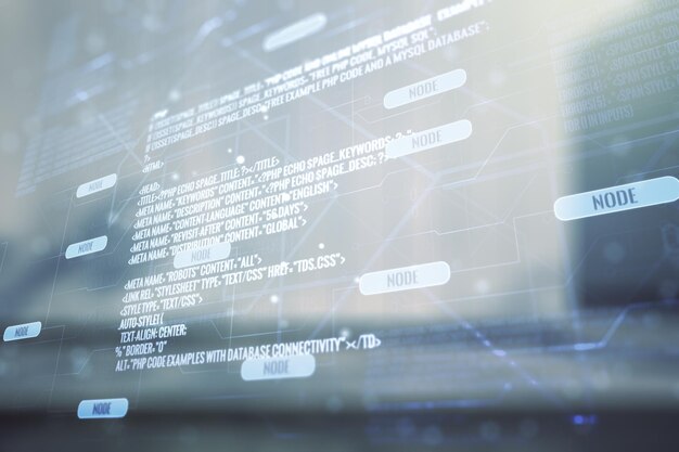 Mehrfachbelichtung einer abstrakten kreativen Codierungsskizze auf verschwommenem Hintergrund eines modernen Bürogebäudes, Konzept künstlicher Intelligenz und neuronaler Netze