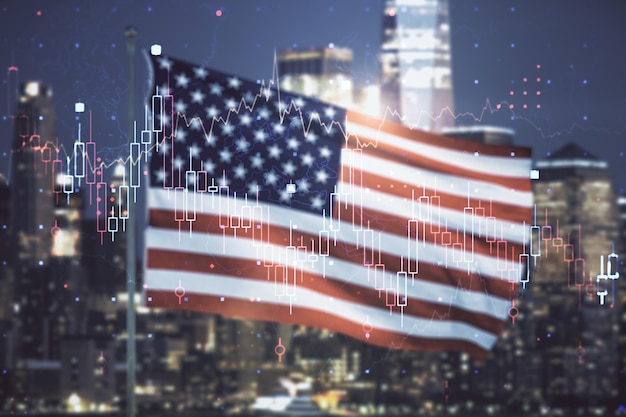 Foto mehrfachbelichtung eines abstrakten virtuellen finanzdiagramm-hologramms auf der us-flagge und verschwommenem stadtbild-hintergrund, devisen- und anlagekonzept