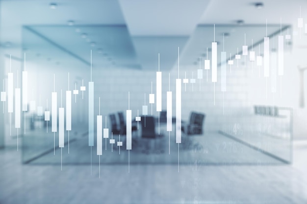 Mehrfachbelichtung eines virtuellen abstrakten Finanzdiagramms auf einem modern eingerichteten Büroinnenhintergrund Bank- und Buchhaltungskonzept