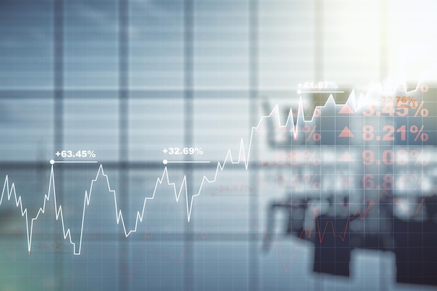 Mehrfachbelichtung eines virtuellen abstrakten Finanzdiagramms auf einem modern eingerichteten Büroinnenhintergrund Bank- und Buchhaltungskonzept