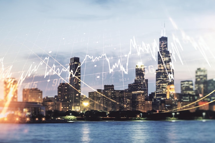 Foto mehrfachbelichtung eines virtuellen, kreativen finanzdiagramm-hologramms auf chicagoer wolkenkratzern, hintergrundforschung und analysekonzept