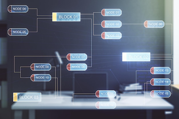 Mehrfachbelichtung von abstrakter grafischer Codierungsskizze und modernem Desktop mit PC im Hintergrund Big Data und Netzwerkkonzept