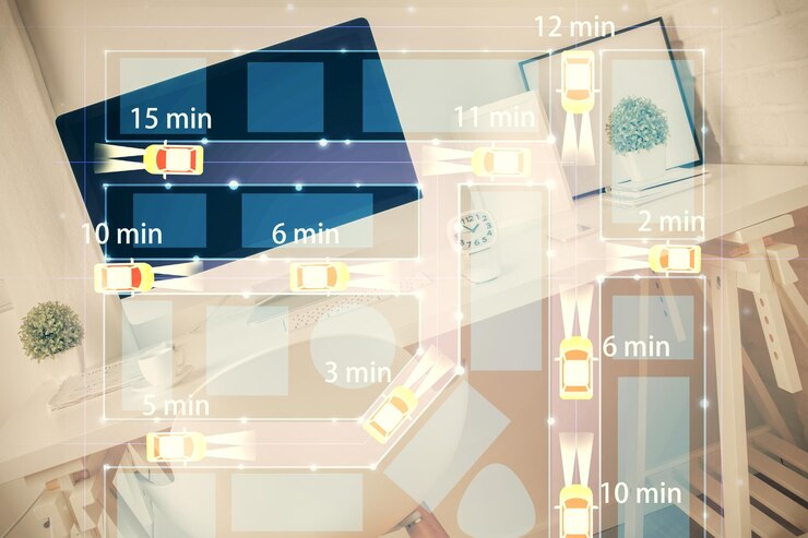 Foto mehrfachbelichtung von auto-pilot-themenzeichnungen und bürointerieur-hintergrund ai-konzept