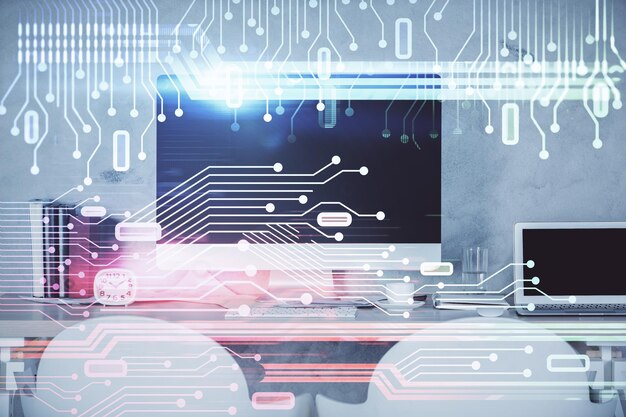 Mehrfachbelichtung von Datenthemenzeichnungen und Büroinnenraum-Hintergrundkonzept der Technologie