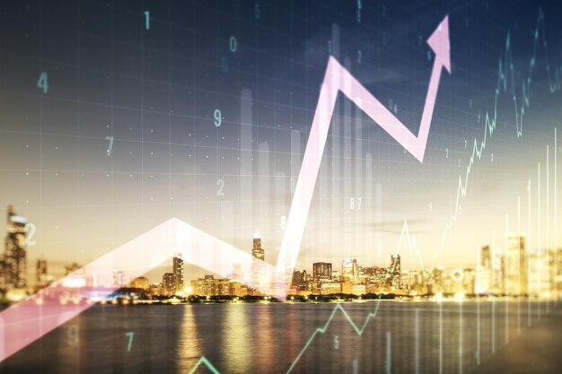 Foto mehrfache exposition des virtuellen abstrakten finanzdiagramms und der aufwärts gerichteten pfeiloberfläche auf chicago-wolkenkratzern hintergrund aufstieg und durchbruchskonzept