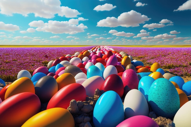 Mehrfarbig bemalte Ostereier in verschiedenen Größen auf einem Feld mit blauem Himmel in den von der KI generierten Wolken