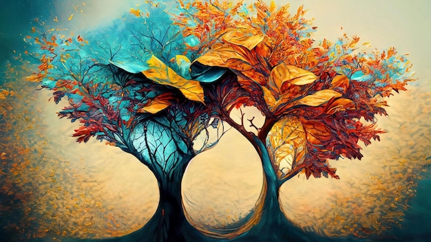 Foto mehrfarbige abstrakte herbstbaummalerei. bunte blätter, die einen baum des lebens bilden