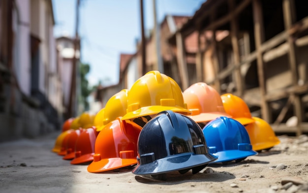 Mehrfarbige Bauschutzhelme, gestapelt auf dem Boden des Arbeitsplatzes, Konzept zur Sicherheit am Arbeitsplatz