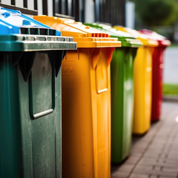 Mehrfarbige Behälter für das Recycling von Müll in der generativen Stadt Ai