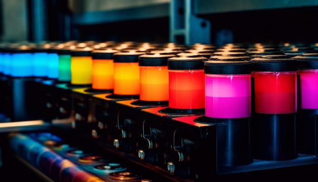 Mehrfarbige Behälter in einer Fabrik beleuchten lebendige Variationen von Flüssigkeiten, die durch künstliche Intelligenz erzeugt werden