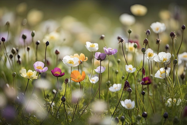 Mehrfarbige Cosmos-Blume, die im Frühlingssommer auf dem Feld unter Sonnenschein blüht. Selektiver Fokus ai generativ