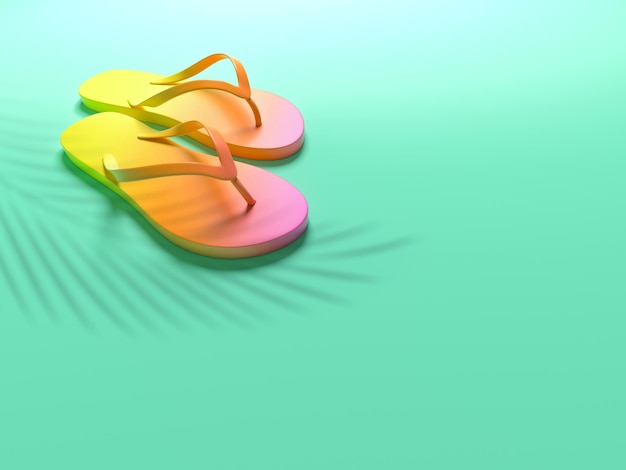 Foto mehrfarbige flip-flops auf grünem hintergrund 3d-render-illustration isoliert