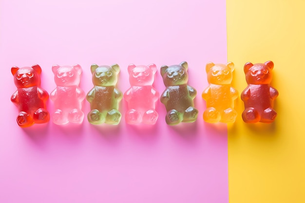 Mehrfarbige Gummi-Cbd-Bären auf einem rosa und gelben Hintergrund Blick von oben Horizontales Foto
