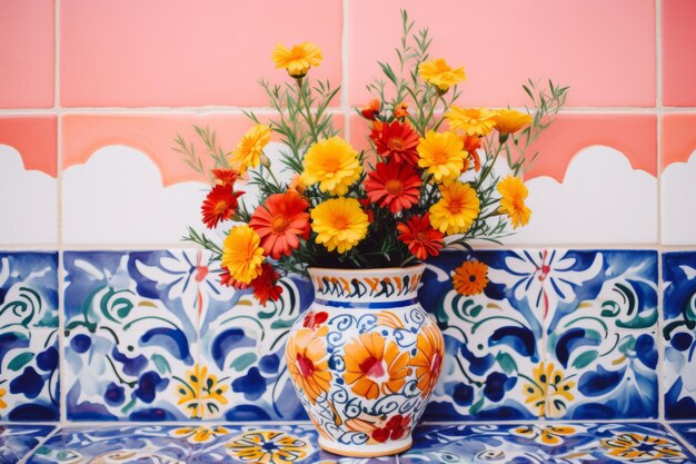 Foto mehrfarbige keramikfliesen mit hellen mustern und vase mit blumen generative ai