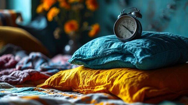Foto mehrfarbige kissen und wecker auf dem bett konzept eines gesunden schlafrhythmus und gesundheitsfürsorge