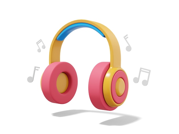 Mehrfarbige Kopfhörer mit Musiknoten auf weißem Hintergrund 3D-Rendering