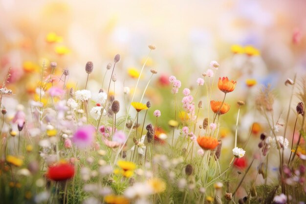 Mehrfarbige Kosmosblumen auf der Wiese im Frühling Sommernatur gegen blauen Himmel Selektiver weicher Fokus ai generativ