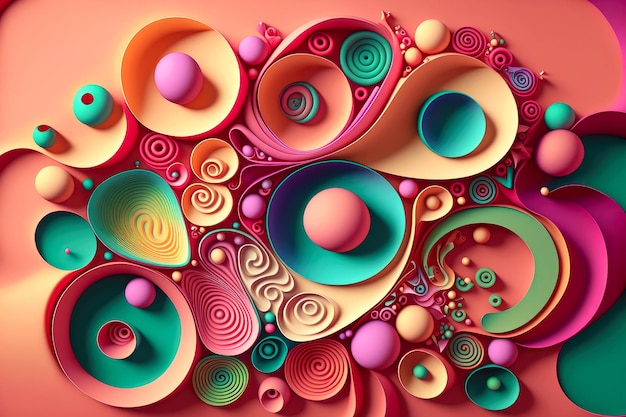 Mehrfarbige Locken in verschiedenen Größen und Farben auf rosa Hintergrund 3d abstrakt