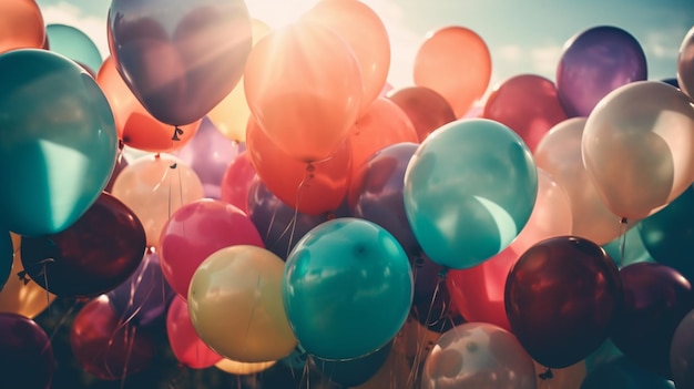 Foto mehrfarbige luftballons, geschmückt mit einem retro-instagram-filter, der freude am sommergeburtstag symbolisiert