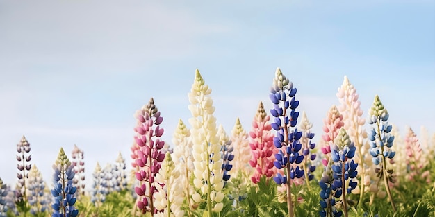 Mehrfarbige Lupinenblumen im Frühling und Sommer auf pastellfarbenem, weichem Hintergrund und blauem Himmel werden von der KI erzeugt