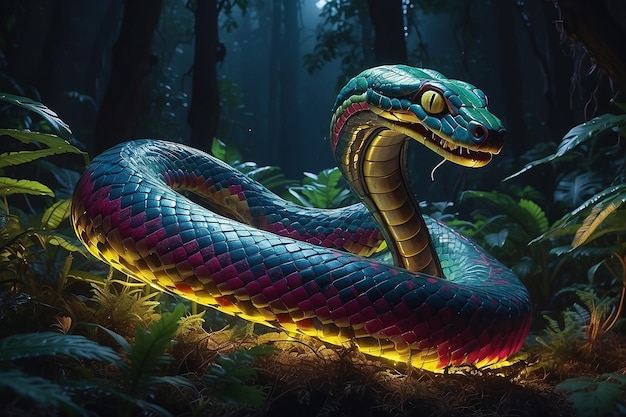 Mehrfarbige mechanische Schlange, die nachts in einem fremden Wald ihren Kopf aufrichtet