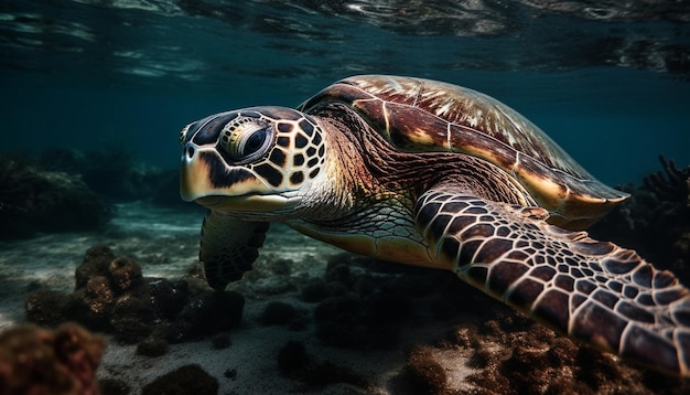 Mehrfarbige Meeresschildkröten schwimmen in einer ruhigen, von KI erzeugten Unterwasserriffumgebung