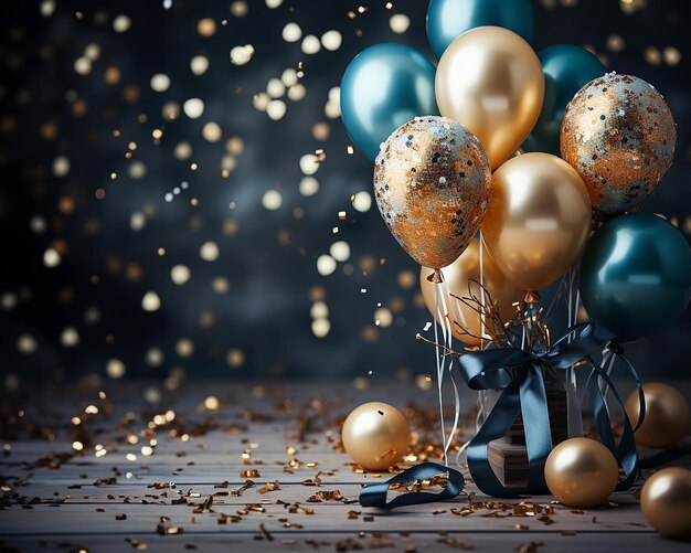 Foto mehrfarbige, mit helium gefüllte luftballons als gestaltungselement für feiertagsbanner, neujahrskartenillustration, ki generiert