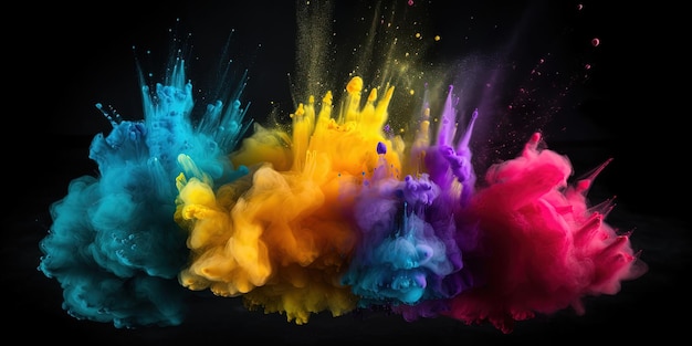 Mehrfarbige Neon-Pulver-Holi-Farben sprengten bunte Spritzer und Tropfen auf einem schwarzen Hintergrund, generative KI